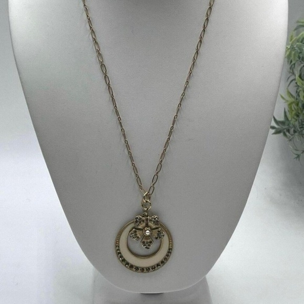 Catherine Popesco Cream Enamel Gray Swarovski Cryst Pendant Gold Plate Necklace‎